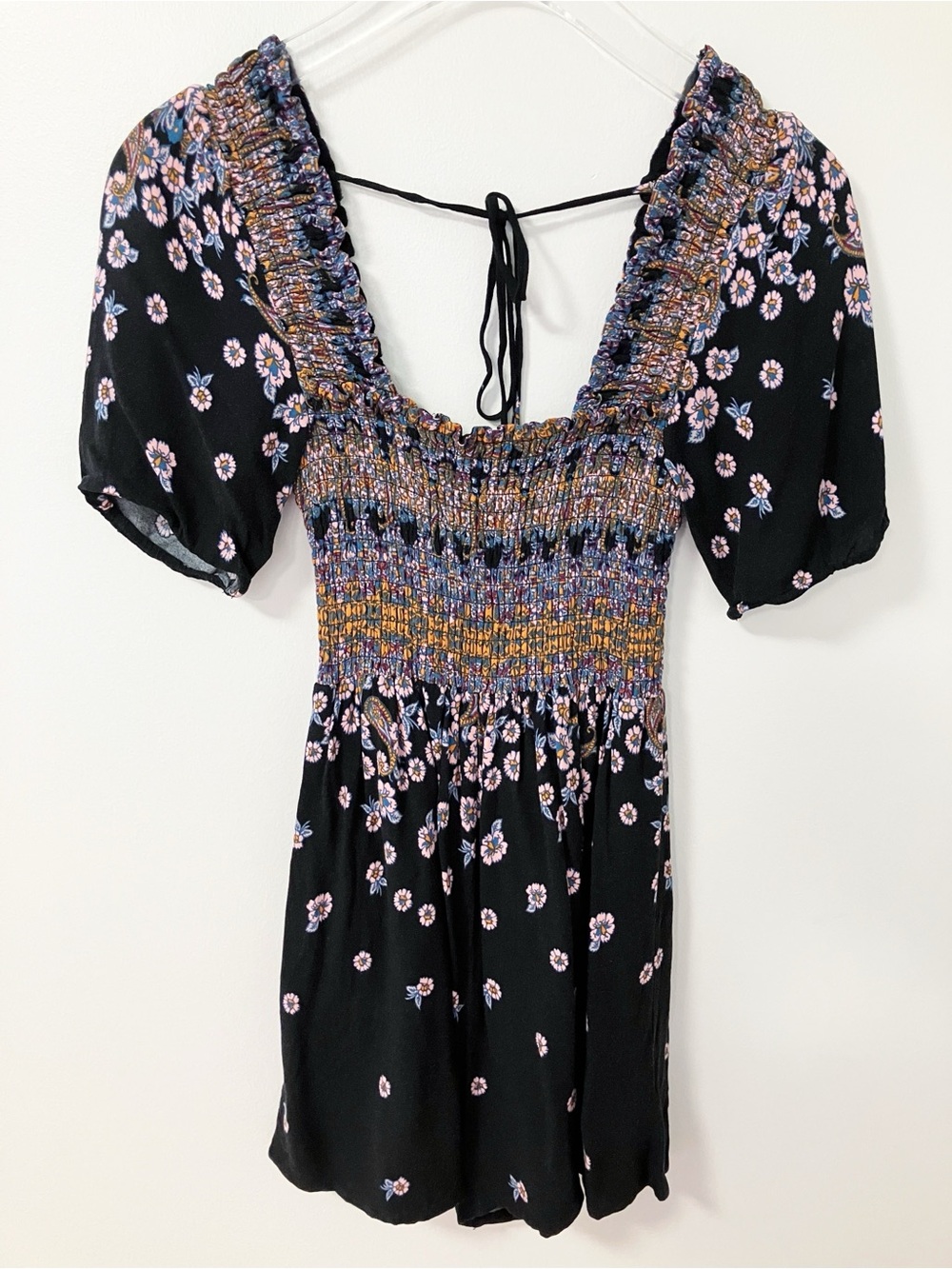 Free People | Black Jane Printed Playsuit Smocked Romper S Boho Chic Festival